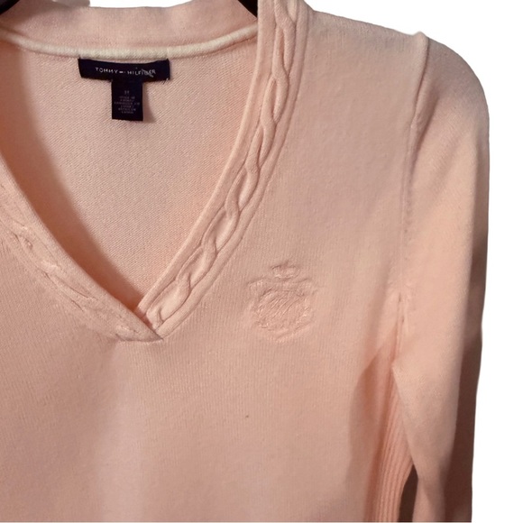 Tommy Hilfiger Women’s Pink Cotton Sweater Braided V-Neck Logo Sz M - Picture 1 of 9